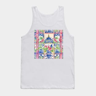 Preppy trellis chinoiserie pagodas, flowers and birds Tank Top